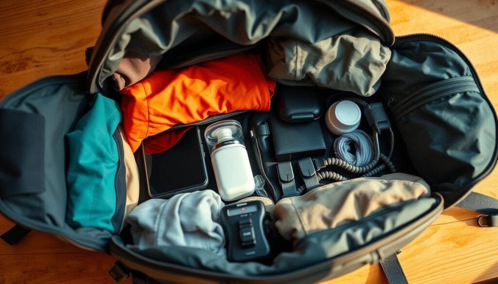 Detailed and organized backpack interior, shot with a wide-angle lens in warm, natural daylight. Neatly packed and compartmentalized contents including folded clothes, toiletries, electronics, and hiking gear. Items arranged for maximum efficiency and accessibility. Soft shadows cast by the backpack's structure create depth and dimension. Backpack sits on a wooden surface, evoking a sense of outdoor adventure and exploration. The overall composition conveys a serene, well-prepared travel experience.