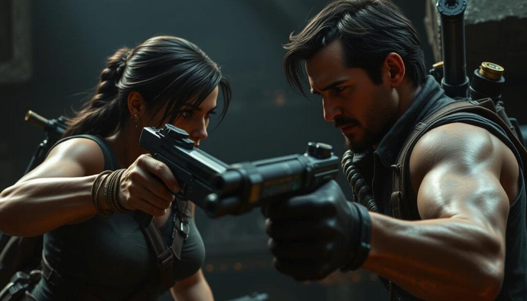 Detailed battle strategies and combat maneuvers of two legendary adventure heroes, Lara Croft and Nathan Drake, in a dramatic cinematic composition. Close-up view of their armed hands wielding high-tech weaponry and tools, showcasing their masterful combat skills. Intense expressions on their faces as they engage in a tense standoff, their bodies poised for action in a dimly lit, gritty environment with moody lighting and shadows. The scene exudes a sense of anticipation and danger, hinting at the epic clash of these two renowned adventurers as they vie for a priceless treasure.