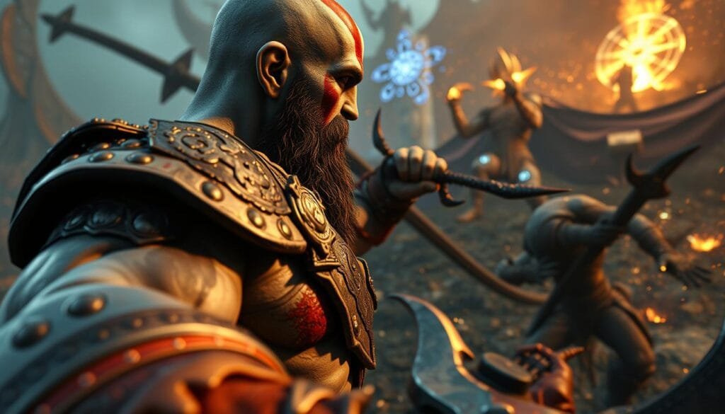 Detailed close-up of Kratos, the God of War, in a dynamic battle stance. Foreground shows his muscular physique, weathered battle armor, and powerful weapons. Midground captures intense action, with Kratos engaged in fierce combat, his movements fluid and aggressive. Background reveals a chaotic, fantastical battlefield, with glowing runes, ethereal energy, and the remnants of his divine foes. Dramatic lighting casts dramatic shadows, highlighting Kratos' determination and focus. Camera angle is low, emphasizing his imposing presence and the intensity of the combat.