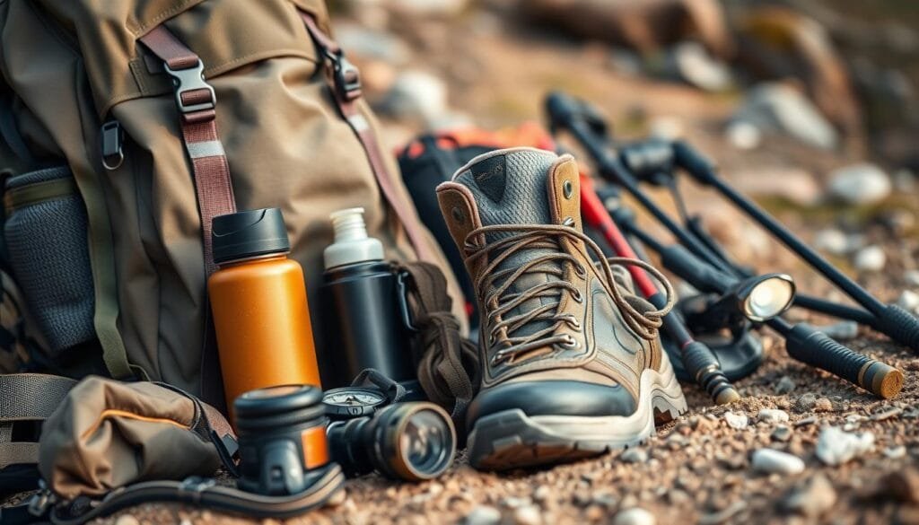 Detailed close-up of high-quality trekking gear and equipment used for the Inca Trail hike in Peru. Sturdy backpack, hiking boots, trekking poles, water bottle, compass, headlamp, and other essential gear arranged on a natural, earthy background with muted colors. Soft, warm lighting creates a sense of exploration and adventure. Shallow depth of field to focus attention on the carefully selected gear. Captured with a professional-grade DSLR camera using a macro lens for maximum detail.