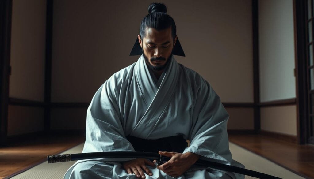 Detailed close-up portrait of a traditional Japanese samurai warrior, kneeling in a serene, meditative pose. Dressed in a pristine white kimono, the samurai embodies the bushido code of honor, discipline, and self-control. Soft, warm lighting illuminates the warrior's stern yet contemplative expression, conveying the inner strength and spiritual depth of the samurai way. The background is a minimalist, dimly-lit interior, with hints of traditional Japanese architectural elements, emphasizing the tranquil, contemplative atmosphere. The overall scene evokes the timeless legacy and timeless essence of the samurai spirit.