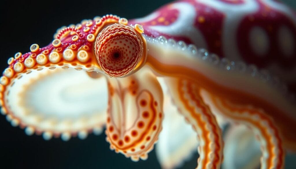 Detailed close-up view of a cephalopod's dynamic camouflage mechanisms, showcasing the creature's ability to seamlessly blend into its underwater environment. Vibrant, high-resolution image highlighting the complex network of chromatophores, iridophores, and leucophores that allow the cephalopod to rapidly change color, texture, and pattern. Dramatic lighting accentuates the mesmerizing visual effects, as the animal appears to effortlessly morph and undulate. Crisp, cinematic composition emphasizes the adaptable and innovative nature of this remarkable marine life.