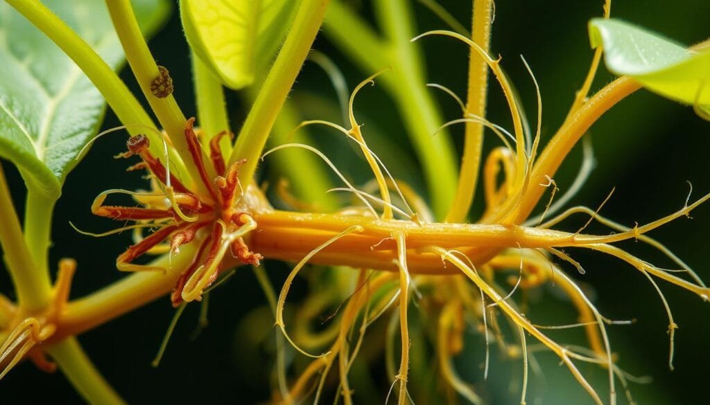 Detailed close-up view of various plant mechanisms and mechanisms of movement, including stems, leaves, tendrils, and root systems. Showcase the intricate natural engineering and fluid dynamics of plant locomotion, with an emphasis on the subtle yet dynamic nature of their motion. Highlights the hidden complexity and elegant biomechanics underlying the seemingly stationary existence of these living organisms. Bright, high-contrast lighting illuminates the textures and structures, creating a sense of technical precision and scientific observation. Captured with a macro lens to reveal the microscopic wonders of plant mobility.