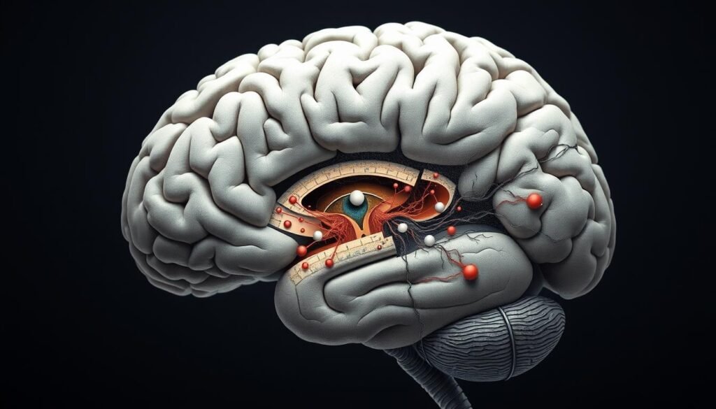 Detailed cross-section of the human brain, highlighting the neural mechanisms underlying the phenomenon of pareidolia. Reveal the intricate network of neurons, synapses, and neurotransmitters that enable the brain to detect and interpret facial features in random patterns and shapes. Depict the interplay of visual processing, pattern recognition, and cognitive biases that lead to the perception of faces in inanimate objects. Utilize a muted color palette, scientific illustrations, and technical precision to convey the scientific nature of the subject. Present the image from an angled, partially cutaway perspective to showcase the inner workings of the brain in a visually compelling manner.