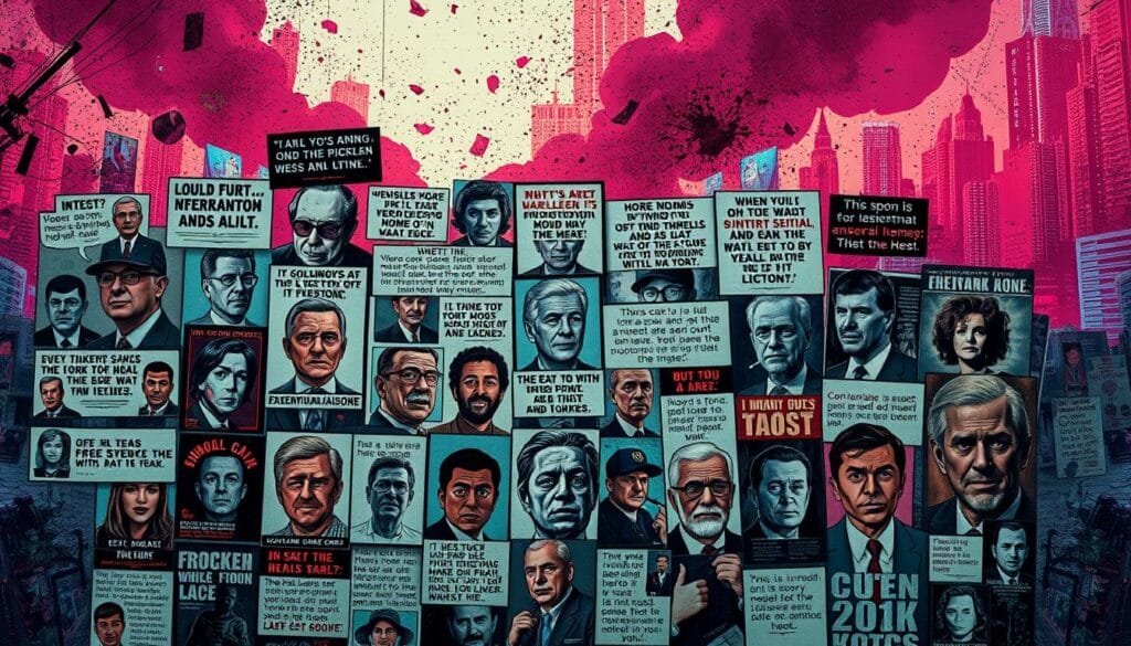 Detailed digital artwork depicting a collage of social commentary memes, rendered in a gritty, urban style. In the foreground, a grid of meme-inspired illustrations satirizing political and social issues, with a sharp, critical tone. The middle ground features a chaotic, abstract background of glitching digital textures, neon-lit color palettes, and distorted typography. The background showcases a futuristic, cyberpunk cityscape, hinting at the relationship between meme culture and the digital landscape. Dramatic lighting casts dramatic shadows, heightening the serious tone. The overall composition conveys the evolution of memes from lighthearted internet humor to impactful social critique.