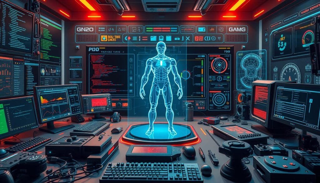 Detailed, high-fidelity illustration of AI development tools and technologies used in video game creation. In the foreground, a diverse array of digital instruments and software interfaces, including visual programming tools, code editors, and data visualization dashboards. In the middle ground, a holographic 3D model of a game character, with adjustable parameters and simulated physics. In the background, a futuristic game engine interface, with real-time rendering, lighting, and shader controls. The overall scene is bathed in a warm, neon-tinged glow, evoking the creative energy and technical prowess of modern game development.