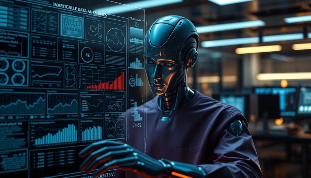 Detailed narrative data analysis, displayed on a sleek, futuristic holographic interface. The foreground features an array of interactive visualizations, graphs, and data models, all rendered in a cool, metallic color palette. The middle ground showcases an AI assistant, a lifelike humanoid figure, carefully examining the data, its expression one of deep concentration. The background depicts a dimly lit, high-tech research laboratory, with subtle hints of warm lighting and the faint glow of computer monitors. The overall atmosphere conveys a sense of intellectual rigor, technological prowess, and the seamless fusion of human and artificial intelligence in the pursuit of uncovering deeper narrative insights.