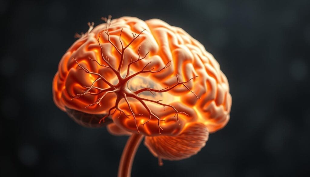 Detailed neural mechanisms of boredom. A cross-section of the human brain, illuminated by soft, natural lighting. The foreground depicts intricate neuronal networks, synapses firing in a rhythmic pattern, suggesting the subtle, underlying processes that govern the experience of boredom. The middle ground showcases glial cells, the support structures of the brain, in muted tones, conveying a sense of stillness and inactivity. In the background, the cerebral cortex is rendered in shades of gray, hinting at the complex interplay between higher cognitive functions and the neurochemical states associated with boredom. The overall mood is one of contemplation and scientific inquiry, inviting the viewer to explore the intricacies of the brain's response to this essential, yet often overlooked, mental state.