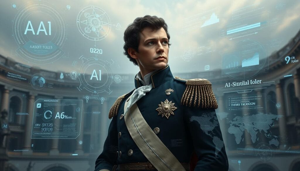 Detailed portrait of Napoleon Bonaparte standing in a pensive pose, surrounded by swirling data visualizations and holographic projections depicting key historical events and decisions. The image has a contemplative, introspective mood, with soft lighting and a muted color palette. The middle ground features interactive AI-powered interfaces and statistical models, while the background blends classical architectural elements with a futuristic, tech-infused landscape. The overall composition conveys the integration of history, human agency, and artificial intelligence in deciphering the motivations and strategic choices of one of history's most influential figures.