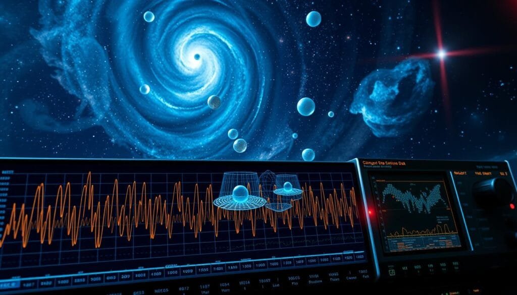 Detailed rendering of astronomical data sonification techniques. In the foreground, a futuristic oscilloscope display showcases intricate waveforms and frequency spectra, representing the auditory translation of celestial phenomena. The middle ground features floating holographic spheres and data visualizations, simulating the complex processes involved in converting astronomical measurements into sound. In the background, a deep space backdrop with swirling nebulae and distant galaxies, evoking the grandeur and mystery of the cosmos. Dramatic lighting with cool tones and subtle lens flares enhances the scientific and technological aesthetic. The scene conveys the intersection of advanced scientific instrumentation and the exploration of the auditory dimension of the universe.