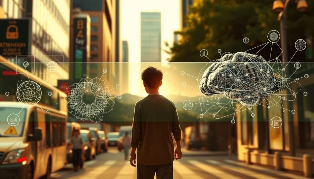 Detailed scene depicting the daily attention risks and benefits. In the foreground, a person navigating a busy urban environment, navigating distractions and hazards with focused attention. In the middle ground, the same person pausing to appreciate a serene natural landscape, demonstrating the restorative power of attentive presence. In the background, abstract visualizations of the cognitive processes underlying attention - neural networks, information flows, and decision-making. Warm, natural lighting casts a contemplative mood. Cinematic camera angle captures the contrast between the hectic and tranquil aspects of everyday attention.