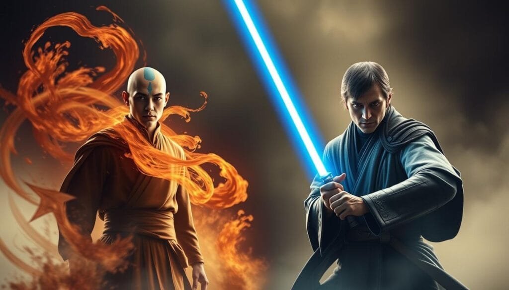 Detailed tactical analysis of Avatar (Aang) and Jedi (Luke) teams, showcased in a cinematic composition. Dramatic lighting illuminates the opposing forces, each side poised for battle, their distinctive elemental and Force-based abilities on full display. Aang, the young Avatar, stands resolute, surrounded by swirling air, earth, fire and water. Across the divide, Luke Skywalker grips his lightsaber, the blue blade casting an intense glow upon his determined expression. The background fades to an atmospheric, moody haze, heightening the tension and grandeur of this strategic AI-driven clash between masters of the elements and the mystical Jedi ways.