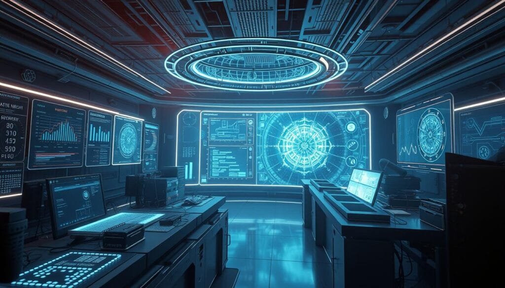 Detailed technical rendering of AI-powered visual effects tools and applications. A futuristic digital laboratory with advanced holographic displays, complex data visualizations, and sleek, minimalist interfaces. Cinematic lighting creates dramatic shadows and highlights, showcasing the cutting-edge capabilities of AI in VFX workflows. Subtle hints of 3D modeled assets, particle simulations, and neural networks weave throughout the scene, emphasizing the seamless integration of artificial intelligence. The overall mood is one of innovation, precision, and the boundless potential of AI to transform the field of visual effects.