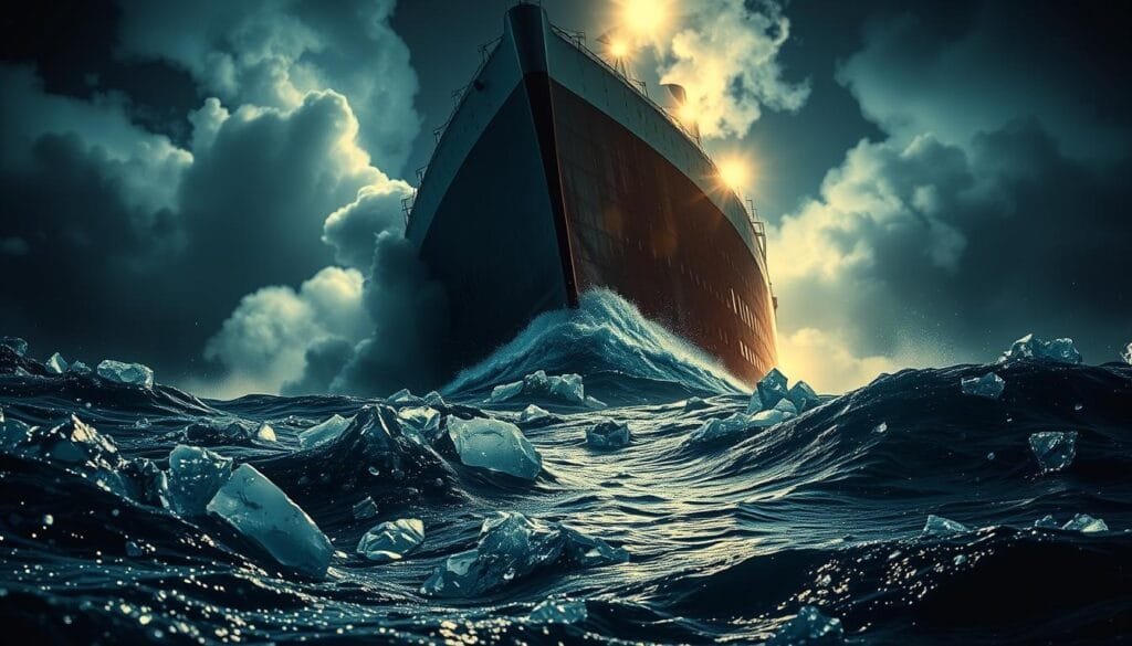 Dramatic close-up of the sinking Titanic, its majestic hull submerged beneath the dark, restless waves. Sparkling shards of ice drift in the foreground, casting a kaleidoscope of refractions across the turbulent surface. The iconic ship's silhouette is partially obscured by billowing clouds of steam and mist, adding an ethereal, dreamlike quality to the scene. Brilliant spotlights illuminate the desperate struggle of passengers clinging to debris, their faces etched with fear and resignation. The overall mood is one of somber, almost hypnotic beauty, capturing the tragic grandeur of the Titanic's final moments.
