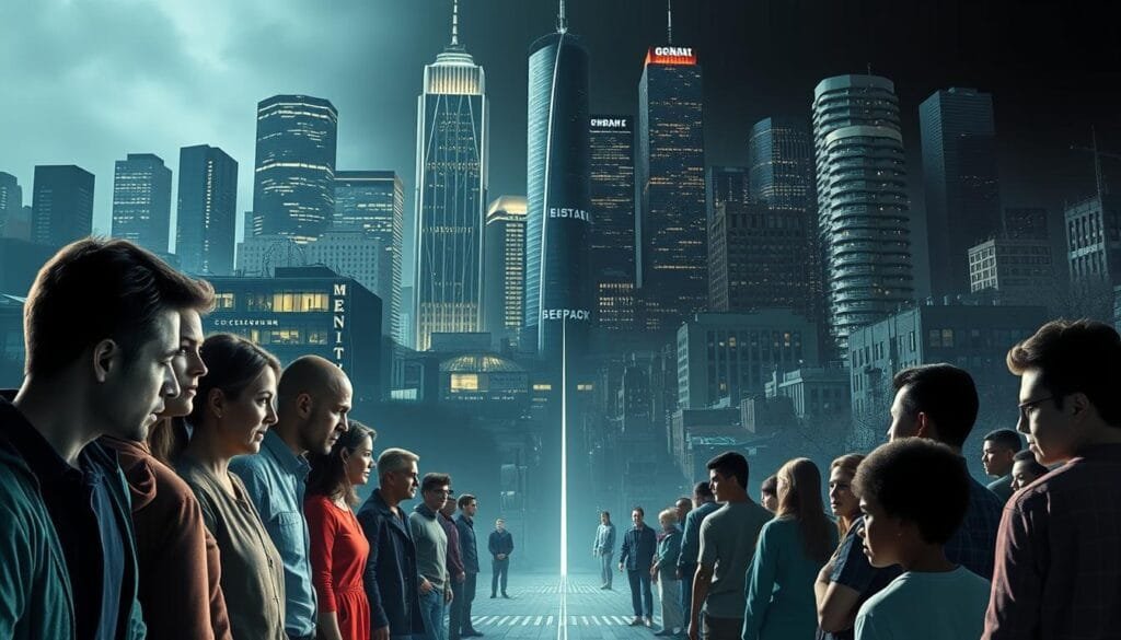 Dramatic contrast of unequal access to genetic medicine. Foreground depicts diverse people of different socioeconomic backgrounds, some struggling to obtain treatment, others easily accessing it. Middle ground shows high-tech medical facilities and laboratories, stark dividing line between haves and have-nots. Background features towering skyscrapers, gleaming symbols of wealth and power, with less fortunate neighborhoods in the shadows. Somber lighting casts long shadows, underscoring the gravity of the issue. Cinematic, realistic style with a sense of social commentary and unease.