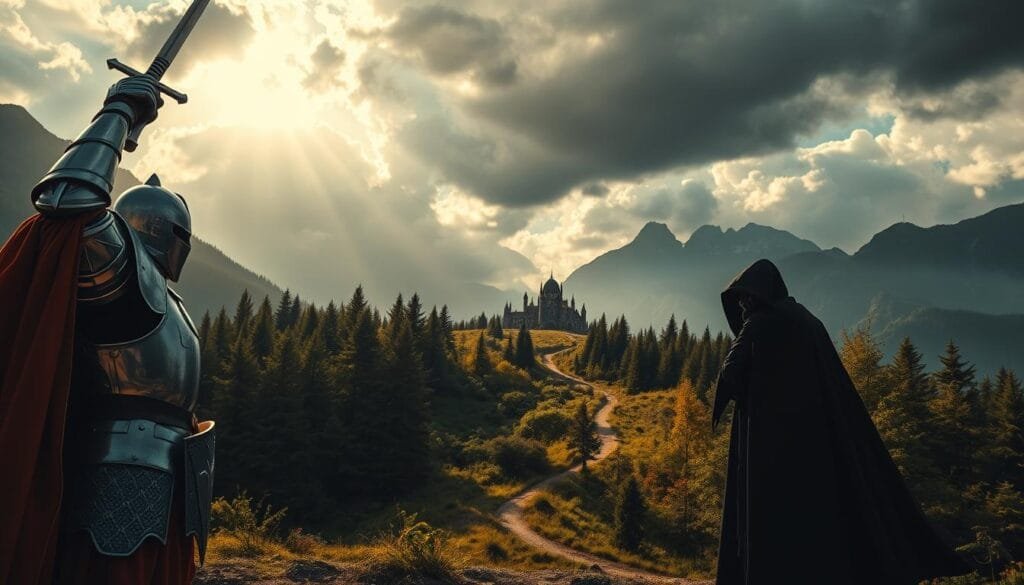 Dramatic scene depicting the traditional heroic journey versus the anti-hero's narrative. In the foreground, a valiant knight in shining armor, sword raised high, stands resolute against a dark, ominous figure cloaked in shadow. In the middle ground, a winding path through a lush, verdant forest leads to a distant, glowing castle. Sunlight filters through the canopy, casting warm, golden hues. In the background, towering mountains reach for the heavens, their peaks shrouded in roiling, stormy clouds. Dramatic lighting and low camera angle heighten the sense of tension and conflict between the opposing archetypes. Cinematic composition and detailed, painterly rendering.