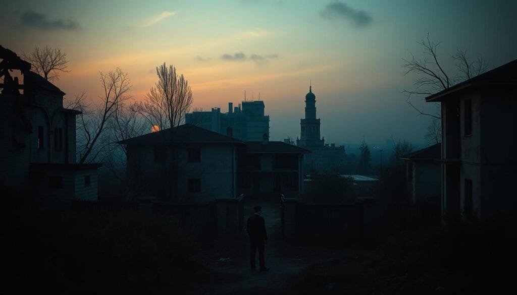 Eerie, dilapidated structures shrouded in an ominous atmosphere, bathed in a haunting twilight glow. Crumbling facades, broken windows, and overgrown vegetation convey a sense of abandonment and decay. In the foreground, a lone figure stands, their silhouette casting a long shadow, symbolizing the somber nature of this "dark tourism" site. The middle ground features a mix of architectural styles, hinting at the complex history of this place. In the distance, a hazy skyline adds to the enigmatic and melancholic mood. Cinematic lighting and a moody color palette evoke a sense of unease and contemplation, capturing the essence of "dark tourism" and its psychological draw.