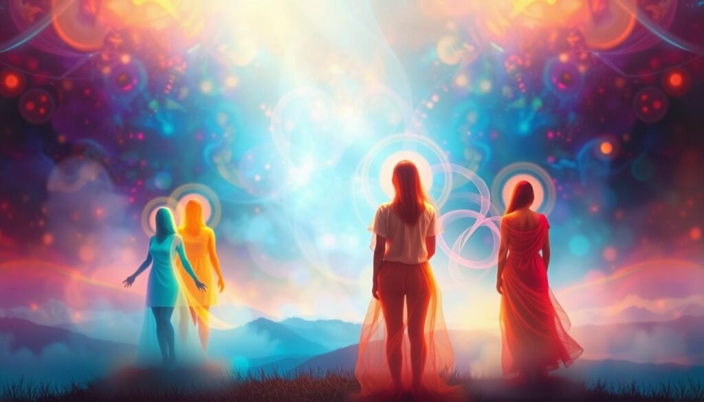 Emotional auras and colors: a vivid, ethereal scene. In the foreground, figures stand enveloped in halos of luminous energy - swirling, pulsating hues that convey their inner emotional states. The middle ground reveals a dreamlike landscape, soft and abstract, where these auras intermingle and converge. In the background, a kaleidoscope of shifting chromatic layers, like a cosmic tapestry, creates an atmosphere of mysticism and wonder. Diffuse, warm lighting casts a serene glow, evoking a sense of spiritual transcendence. Capture the essence of emotions as tangible, visible phenomena - a window into the human experience.