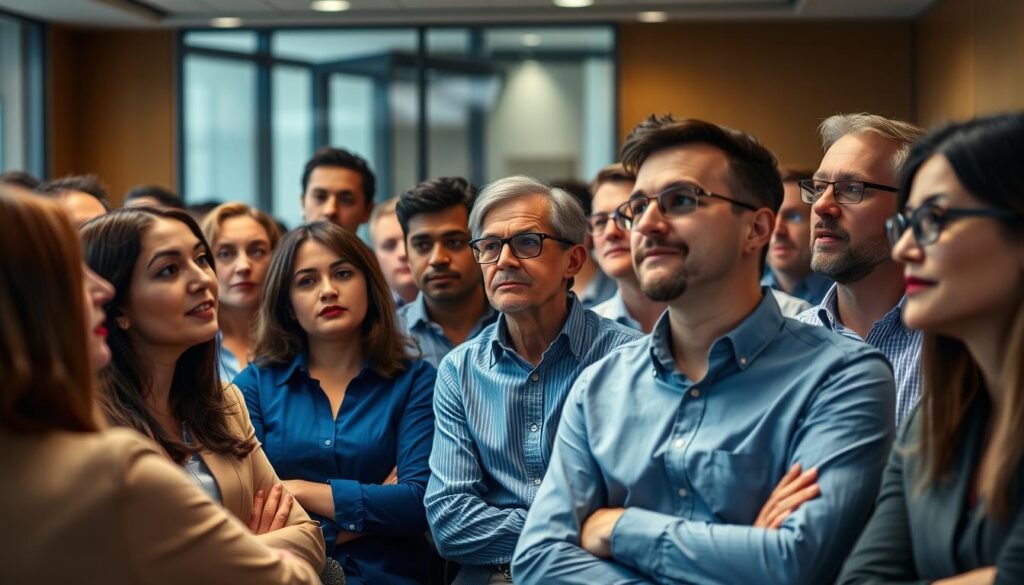 Employees gathered in a corporate meeting room, expressions ranging from concern to hopeful anticipation, as they discuss pending salary adjustments. Warm, professional lighting illuminates the scene, captured through a medium-wide lens that showcases the diverse faces and body language of the group. The setting conveys a sense of earnest dialogue, with the employees appearing engaged and attentive, reflecting the economic impact and personal experiences underlying the sensitive negotiations.
