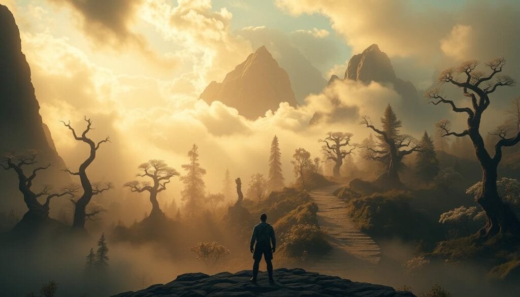 Etapas del viaje del héroe: a dreamlike, cinematic landscape depicting the archetypal journey of the hero. In the foreground, a lone figure stands at the threshold, gazing into a vast, misty expanse. The middle ground reveals a winding path leading through a fantastical forest, with twisted, otherworldly trees and glowing, mystical flora. In the background, towering peaks pierce the clouds, their jagged silhouettes evoking a sense of challenge and triumph. Warm, golden light filters through the scene, casting a sense of hope and potential. The overall mood is one of wonder, adventure, and the transformative power of the hero's quest.