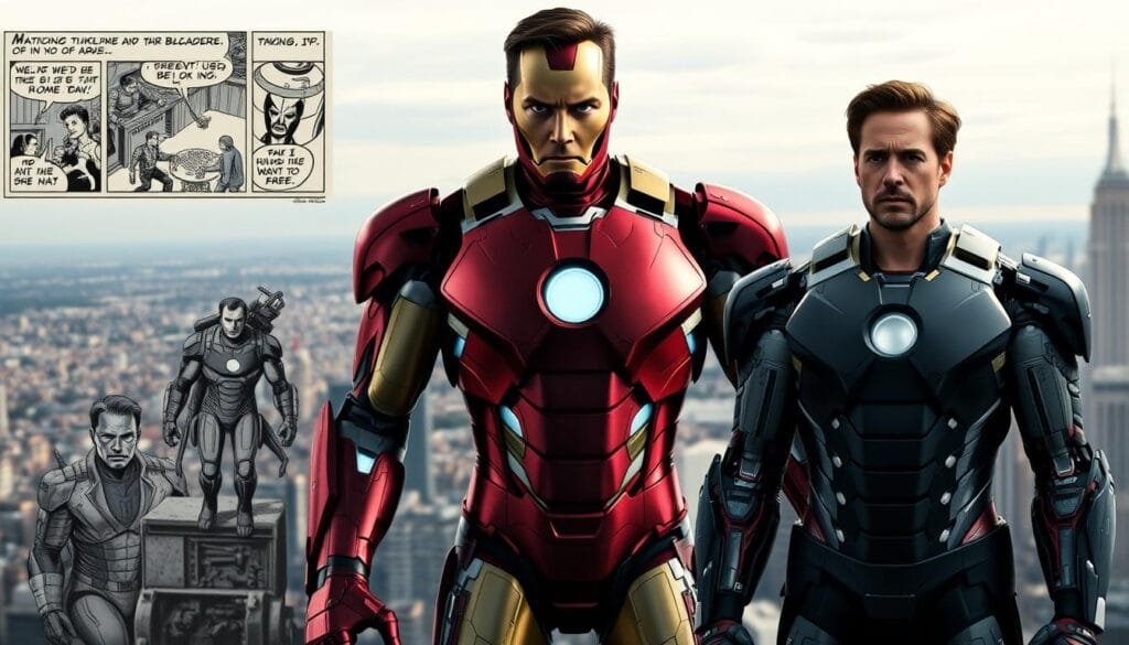 Evolution of Tony Stark in comics and cinema: a detailed, cinematic scene showcasing the character's visual transformation over time. In the foreground, Tony Stark in his signature Iron Man suit, standing tall and resolute, representing his later heroic persona. In the middle ground, a collage of comic book panels depicting his original origins and early armored iterations, conveying the character's grounded, technical beginnings. In the background, a panoramic city skyline, hinting at the grand, global scale of the Marvel Cinematic Universe. Crisp lighting, dramatic camera angles, and a subtle, melancholic color palette to evoke a sense of depth, weight, and the character's emotional journey. An image that visually encapsulates the evolution of this iconic superhero across media.