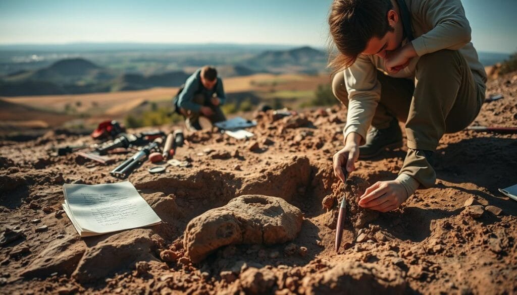 Excavation site of a key archaeological discovery, set in a serene natural landscape. Prominent in the foreground, a team of archaeologists carefully unearthing an ancient artifact, its intricate details revealed by soft, natural lighting. In the middle ground, a mix of scientific instruments, field notes, and delicate tools, hinting at the methodical process behind the find. The background features a panoramic view of the excavation area, rolling hills, and a distant horizon, conveying a sense of discovery and exploration. The overall scene exudes an atmosphere of scientific curiosity, historical significance, and reverence for the past.