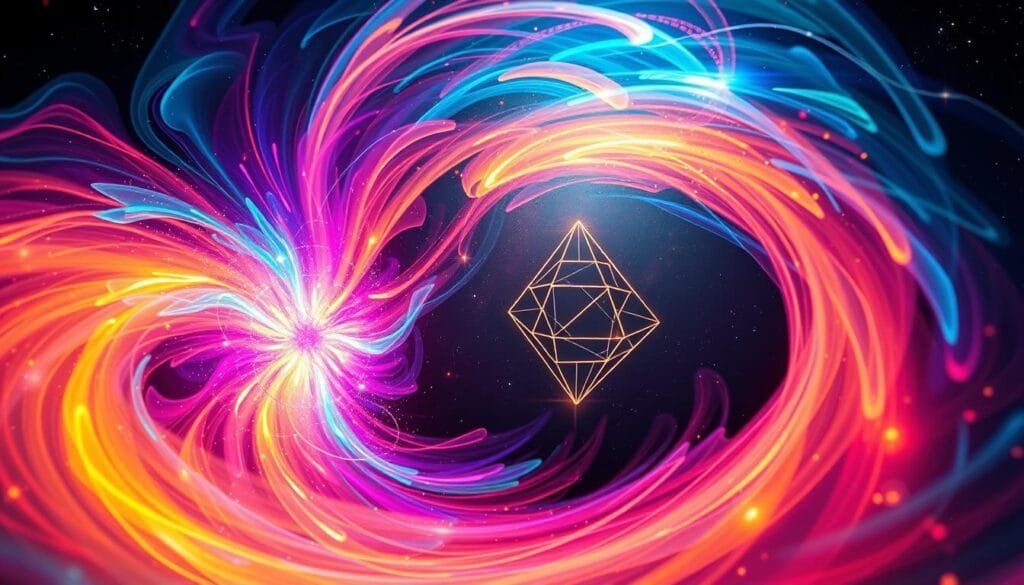 Exotic energy in quantum physics: a vibrant visualization. In the foreground, a swirling vortex of colorful, ethereal energy pulses with quantum potential. Vibrant hues of azure, magenta, and gold converge in a mesmerizing display, hinting at the mysterious forces that govern the fabric of the universe. In the middle ground, shimmering geometric shapes, reminiscent of wormholes, seem to bend and distort the very fabric of spacetime. The background is shrouded in a deep, inky void, punctuated by the faint glow of distant stars, suggesting the vastness and unknowns of the cosmic realm. Dramatic lighting casts dramatic shadows, evoking a sense of wonder and the uncanny. Captured through a wide-angle lens, this image captures the essence of exotic energy in quantum physics, hinting at the tantalizing possibility of traversing the boundaries of our known universe.