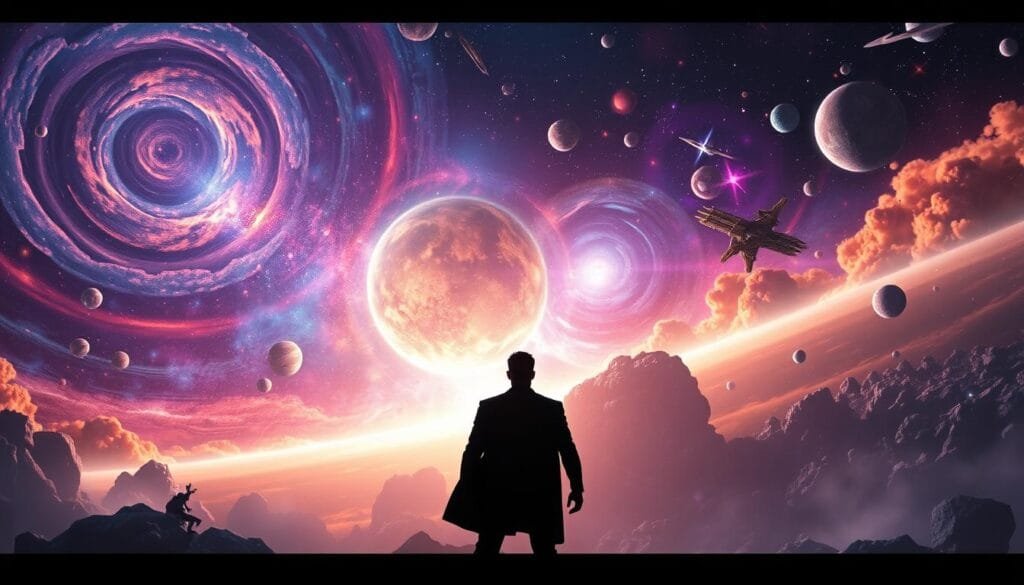 Expansive cosmic backdrop of the Marvel Cinematic Universe, featuring a dynamic galaxy with swirling nebulae, celestial bodies, and glimpses of diverse Marvel characters. In the foreground, a striking superhero silhouette stands resolute, hinting at the ongoing transformation and evolution of this iconic universe. Lighting casts dramatic shadows, emphasizing a sense of power and change. The overall composition conveys a feeling of grandeur, wonder, and the infinite possibilities that lie ahead for the Marvel world.