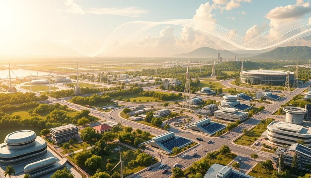 Expansive futuristic landscape of a clean energy utopia, bathed in warm, golden light from an infinite fusion reactor. Sleek, minimalist architecture seamlessly integrated with lush, verdant greenery. Floating solar arrays, wind turbines, and hydroelectric dams dot the horizon, powering a bustling, emission-free metropolis. Hovercraft and electric vehicles glide silently through the streets, while citizens enjoy a tranquil, sustainable lifestyle. An undulating, crystalline force field shimmers over the entire scene, representing the boundless, clean power of fusion. The image conveys a sense of technological progress, environmental harmony, and boundless human potential.