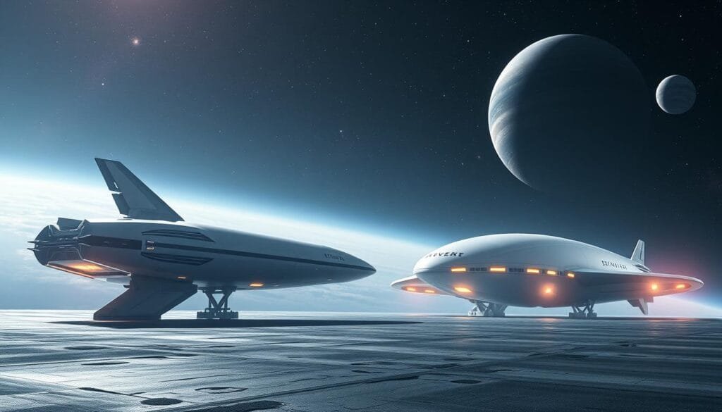 Exploración espacial: una perspectiva cinematográfica. Un escenario futurista en el que se encuentran un cohete SpaceX Starship y la icónica nave Discovery One de 2001: A Space Odyssey. La iluminación evoca un ambiente de inspiración y asombro, con juegos de luces y sombras que acentúan las formas y texturas de los vehículos espaciales. El fondo presenta un espacio nebuloso, con planetas y galaxias distantes, creando una sensación de infinita posibilidad. Capturando la visión de la exploración espacial como una empresa audaz y llena de promesas, esta imagen fusiona la innovación tecnológica con la imaginación cinematográfica.