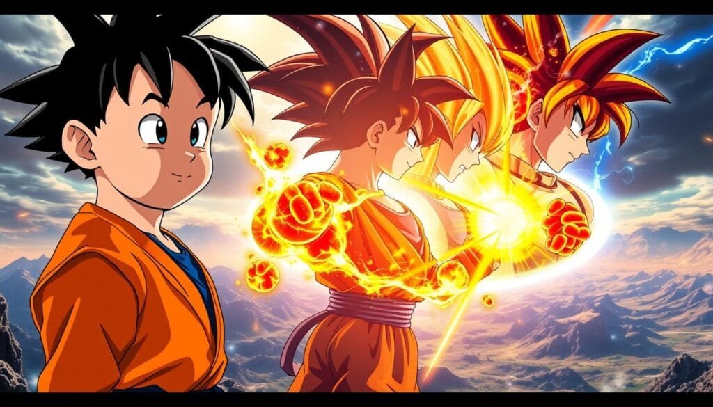 Goku's evolution in Dragon Ball, depicted with cinematic lighting and dramatic camera angles. In the foreground, a young Goku in his iconic orange gi, filled with determination and childlike wonder. In the middle ground, Goku's transformations unfold - from the fierce Super Saiyan to the majestic Ultra Instinct, each stage showcasing his growing power and mastery. The background reveals the breathtaking landscapes of the Dragon Ball universe, swirling with energy and a sense of grand adventure. The overall composition conveys the character's journey, his unwavering spirit, and the epic scale of the Dragon Ball saga.