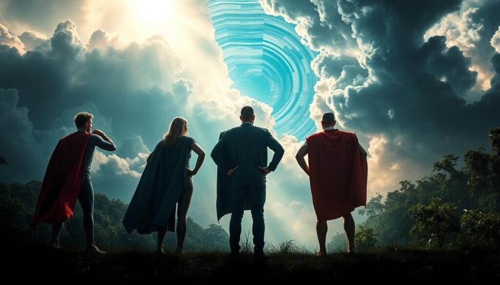 Heroic figures standing firm in the face of environmental crisis, their capes billowing as they confront the looming, swirling clouds of ecological disaster. Powerful superheroes, wielding elements of nature as their weapons, casting brilliant streams of light to illuminate the path forward. Detailed, dynamic figures in the foreground, surrounded by the vibrant hues of a lush, thriving world in the background, a vision of the future they fight to protect. Cinematic, high-contrast lighting sets the stage, capturing the intensity of the moment through dramatic angles and perspectives. A bold, cinematic scene that encapsulates the clash of superhuman power and the fate of the planet.