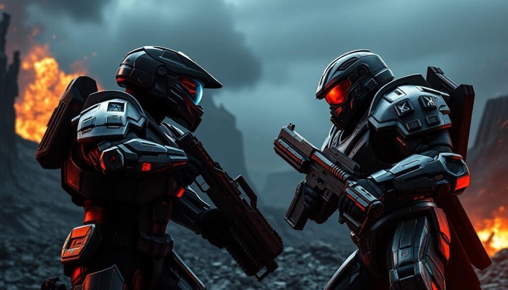 High-resolution cinematic digital artwork of Master Chief (Halo) and Doom Slayer facing off in an intense battle, with detailed armor, weapons, and tactical positioning. The two super-soldiers engage in a clash of advanced combat strategies and superhuman abilities, set against a moody, atmospheric backdrop of a war-torn landscape. Dramatic lighting casts strong shadows, emphasizing the combatants' determination and sheer physical prowess. The composition is dynamic, capturing the fast-paced, explosive nature of the engagement.