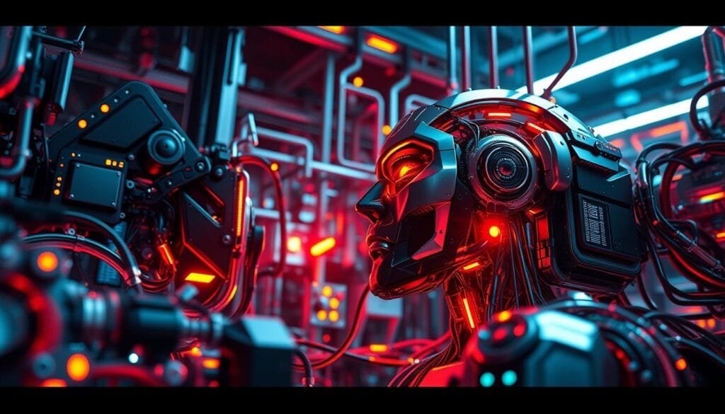 High-tech engineering and artificial intelligence working in harmony, a complex interplay of algorithms and creative vision. A futuristic scene with a focus on integration - sleek CGI models fluidly blending with advanced AI systems, the boundless potential of their collaboration. Vibrant colors, intricate details, and a sense of experimental dynamism fill the frame. Lighting is dramatic, shadows and highlights accentuating the cutting-edge technology. The composition is balanced, drawing the viewer's eye through layers of digital artistry. An atmosphere of innovation and wonder pervades, hinting at the limitless possibilities when human imagination and machine learning converge.