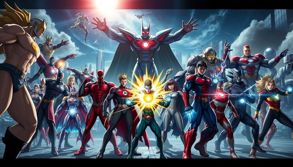 Highly detailed, cinematic digital illustration of the evolution of superhero character designs in the anime art style. Foreground features a diverse cast of anime-inspired superheroes in dynamic action poses, conveying a sense of power and dynamism. Middleground showcases various transformations and power-ups, with energy effects and visual flourishes. Background depicts a futuristic cityscape skyline, with dramatic lighting and atmospheric haze. Composition emphasizes the growth and progression of superhero aesthetics, with a focus on bold colors, exaggerated features, and a fusion of realism and stylization. Cinematic camera angle and lens flare effects create a sense of grandeur and spectacle.