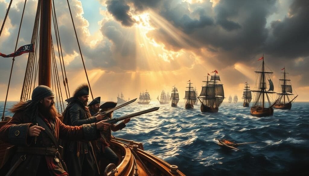 Historical pirate evolution: An oil painting depicting the transition of piracy from ancient times to the 19th century. In the foreground, a group of weathered, battle-scarred pirates command a majestic sailing ship, their cutlasses and flintlock pistols at the ready. In the middle ground, a naval battle rages, cannon fire and plumes of smoke obscuring the clashing ships. In the distance, a silhouette of an ancient galley gives way to a series of iconic pirate ships through the ages - a swift caravel, a formidable galleon, and finally a sleek, streamlined schooner. The lighting is dramatic, with shafts of sunlight breaking through stormy clouds, casting an ominous glow over the entire scene. The atmosphere is one of adventure, danger, and the relentless evolution of maritime piracy.