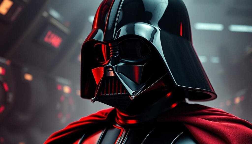 Impactful Darth Vader portrait showcasing his cultural and cinematic legacy. A striking three-quarter view with dramatic lighting, capturing the iconic mask and mechanized suit in vivid detail. Ominous red hues and atmospheric shadows convey the character's dark, imposing presence. The background blends futuristic technology and iconic Star Wars imagery, hinting at Vader's central role in the franchise. A powerful, moody composition that evokes the character's enduring influence on popular culture and cinema.