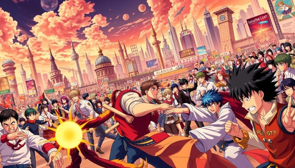 Impacto cultural anime: a vibrant, dynamic scene depicting the widespread influence of Japanese animation. In the foreground, iconic anime characters engage in an intense battle, their dynamic poses and expressive faces capturing the essence of the shonen genre. The middle ground showcases a diverse crowd of anime fans, united in their passion, with cosplayers, merchandise, and a bustling convention-like atmosphere. In the background, a collage of anime-inspired cityscapes, iconic landmarks, and cultural references create a rich, layered environment, reflecting the deep integration of anime into global popular culture. Warm, saturated lighting and a cinematic, widescreen composition immerse the viewer in the immersive, impactful world of anime's cultural impact.