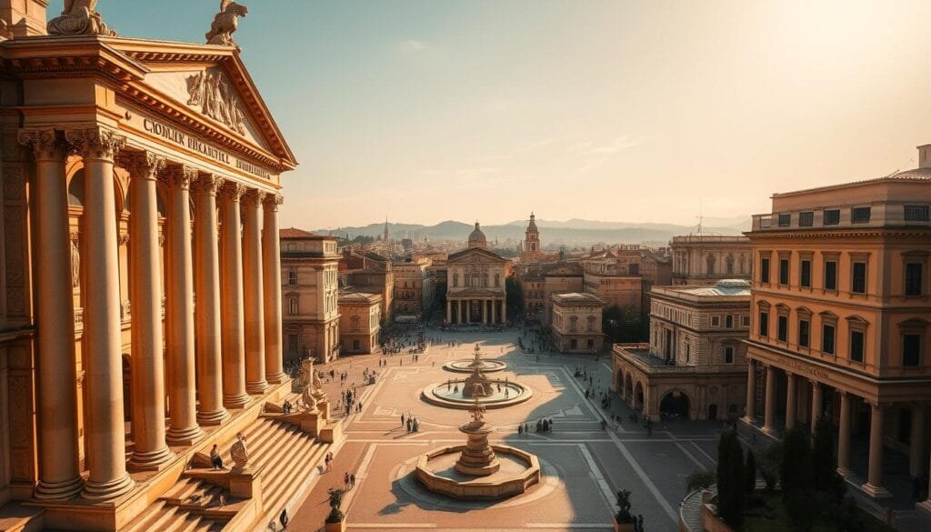 Imposing Roman architectural masterpiece, bathed in warm, golden sunlight. A grand, ornate facade with intricate columns, arches, and detailed carvings adorns the foreground. In the middle ground, a sprawling plaza with a majestic fountain, surrounded by smaller, complementary structures. The background reveals a cityscape of additional Roman-inspired buildings, creating a harmonious, timeless vista. The scene exudes a sense of power, grandeur, and enduring cultural legacy, befitting the renowned architecture of the Roman Empire.