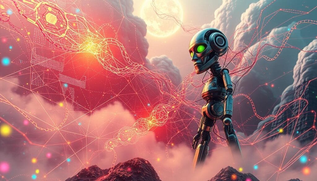 Inteligencia artificial surging through a futuristic narrative landscape, illuminating the power of technology to shape storytelling. A digital revolution unfolds, with AI algorithms weaving intricate narratives, their code-like tendrils entwining with the fabric of imagination. Vibrant colors and geometric patterns dance across the canvas, symbolizing the fusion of human creativity and machine intelligence. In the foreground, a towering AI construct stands as a testament to the transformative potential of this technological renaissance, its metallic form casting a pensive glow over the scene. Captured through a wide-angle lens, the image conveys a sense of wonder and trepidation, inviting the viewer to ponder the implications of AI's impact on the literary landscape.