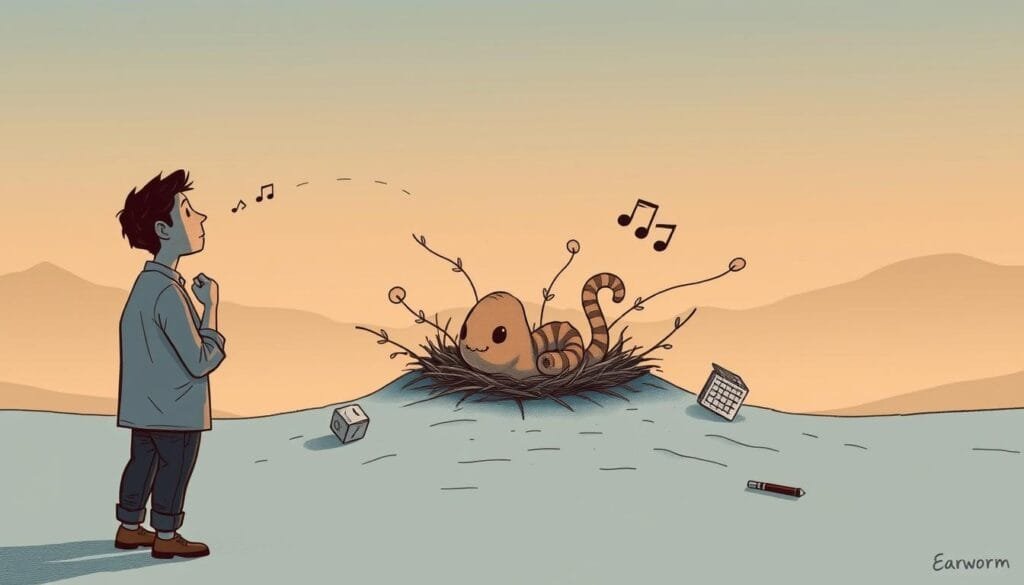 Intricate illustration of strategies to overcome earworms, with a serene and focused atmosphere. A thoughtful figure stands in the foreground, studying various tools and methods to dislodge the persistent "auditory worm" represented as a stylized, abstract creature nestled in the middle ground. The background depicts a tranquil, contemplative setting with soothing hues and minimal distractions, emphasizing the mental and emotional aspects of this phenomenon. Subtle, high-contrast lighting highlights the key elements, drawing the viewer's attention to the central problem-solving process. Rendered in a detailed, almost technical style to convey the analytical nature of the subject matter.