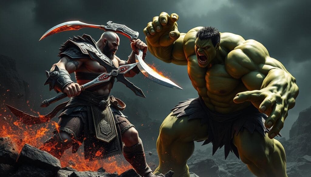 Kratos, the Ghost of Sparta, and the Incredible Hulk, two titans of raw power, locked in a clash of titanic proportions. Set against a darkened, battle-scarred landscape, the two behemoths grapple with earth-shaking force, muscles bulging, eyes ablaze with primal fury. Kratos, his Blades of Chaos whirling, unleashes devastating strikes, while the Hulk, roaring with unchecked rage, swats aside the attacks and retaliates with earth-shattering blows. Dramatic lighting casts dramatic shadows, heightening the sense of an epic, decisive confrontation between these two unstoppable forces of nature.