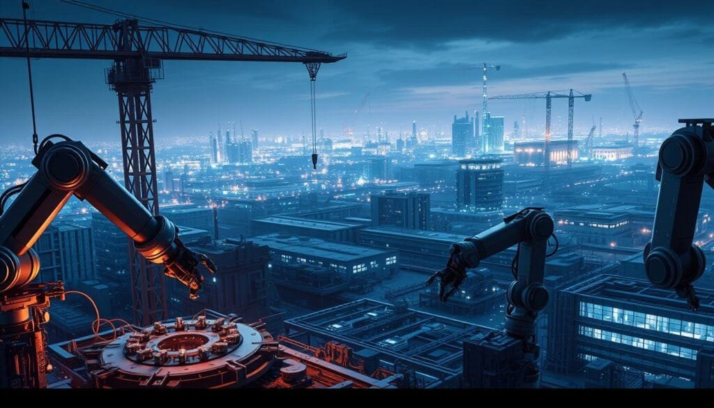 Machines configuring the future, a vast industrial landscape of gleaming metal and pulsing circuits. In the foreground, robotic arms gracefully manipulate intricate components, their movements precise and efficient. Towering gantry cranes cast long shadows across the scene, transporting materials and resources with mechanical precision. In the middle ground, rows of sleek, automated factories hum with activity, their windows glowing with an otherworldly light. In the distance, a horizon of gleaming skyscrapers and advanced infrastructure, a testament to the machines' mastery of the world. Bathed in a cool, technological glow, this scene conveys a sense of order, power, and the inexorable march of progress, where the machines have taken the reins of the future.