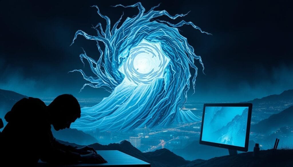 Malware FrostyGoop: a sinister digital entity manifesting as a swirling vortex of icy corruption, its tendrils infiltrating and corrupting critical systems. Rendered in stark chiaroscuro, the scene depicts the malware's ominous presence, its glowing core pulsing with malevolent energy, casting an eerie, bluish glow over the surrounding landscape. In the foreground, a shadowy figure, hunched over a keyboard, orchestrates the attack, their face obscured by the glow of the computer screen. In the background, a cityscape lies in darkness, its infrastructure compromised, the lights flickering ominously, hinting at the far-reaching consequences of this insidious cyber assault.