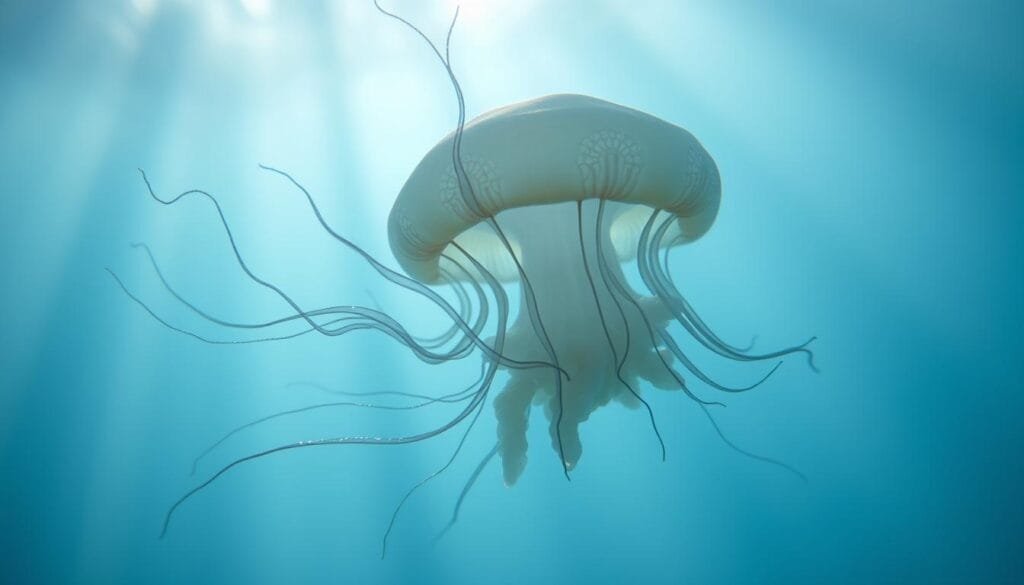 Medusa Turritopsis dohrnii, an immortal jellyfish swimming gracefully in a serene underwater environment. Captured in a close-up shot, its delicate tentacles extend outward, revealing intricate patterns and a mesmerizing iridescent glow. The background is shrouded in a soft, hazy blue hue, creating a sense of tranquility and timelessness. Beams of light filter through the water, casting a warm, ethereal illumination on the subject. This image perfectly encapsulates the wonders of nature's extraordinary longevity and regenerative capabilities.