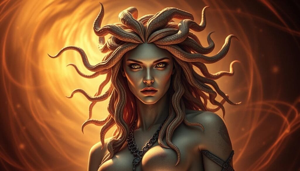 Medusa, the immortal gorgon, stands tall and proud, her serpentine locks swaying in an otherworldly breeze. Her penetrating gaze, filled with both ancient wisdom and a haunting allure, captivates the viewer, daring them to meet her eyes. The scene is bathed in a warm, ethereal light, casting a mesmerizing, almost magical glow upon her alabaster skin. The background is a swirling vortex of ethereal energies, hinting at the timeless, otherworldly nature of her immortality. The composition is balanced, with Medusa as the focal point, drawing the eye inward to her hypnotic presence. This image perfectly captures the essence of the "Inmortalidad biológica: ¿Mito o Realidad?" section, exploring the boundless possibilities and profound mysteries of eternal life.
