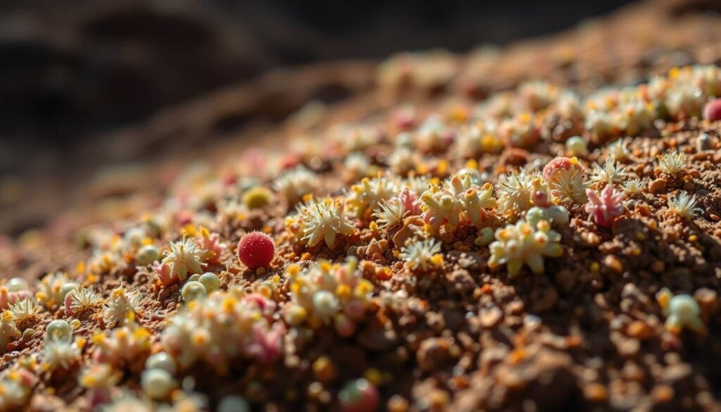 Microbial communities in extreme environments: A vibrant tapestry of life thriving in the Atacama Desert. Capture the intricate, resilient microbiome that has adapted to the harshest conditions on Earth. Showcase a kaleidoscope of microorganisms - bacteria, archaea, and fungi - coexisting in a delicate balance, their intricate networks sustaining this otherworldly landscape. Utilize a cinematic, wide-angle lens to frame the scene, with dramatic lighting that casts deep shadows and highlights the textures of the arid soil. Convey a sense of mystery and scientific discovery, inviting the viewer to explore the hidden secrets of this extreme environment.