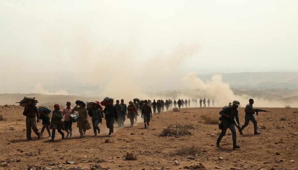 Migración y disputa por la tierra: a chaotic scene of displaced families fleeing across a barren landscape, their meager belongings in tow. In the foreground, a tense standoff between local farmers and armed militias guarding their plots of land. The middle ground is shrouded in a hazy, oppressive atmosphere, as clouds of dust and smoke obscure the horizon. The background depicts a panoramic view of rolling hills and rugged terrain, a constant backdrop to the ongoing struggle over resources and territory. Muted earth tones and a somber palette convey the gravity of the situation, while dynamic camera angles and a cinéma vérité style lend a sense of urgency and immediacy to the composition.