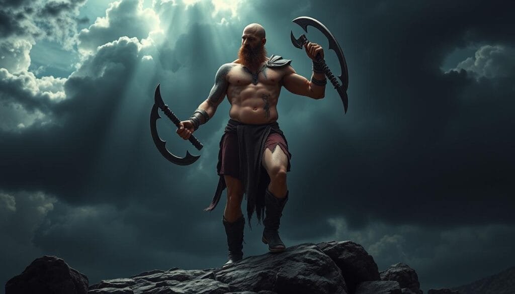 Origen mitológico Kratos, el dios de la guerra, de pie en un entorno épico y sombrío. Una figura imponente y musculosa, con piel pálida y cicatrices, empuña sus legendarias espadas de cadenas, listo para la batalla. El cielo oscuro se cierne sobre él, iluminado por un rayo y nubes cargadas de tormenta. A sus pies, el suelo rocoso y resquebrajado, evocando un paisaje griego ancestral. Una atmósfera de poder, ira y determinación lo envuelve, reflejando el origen divino y legendario de este guerrero.
