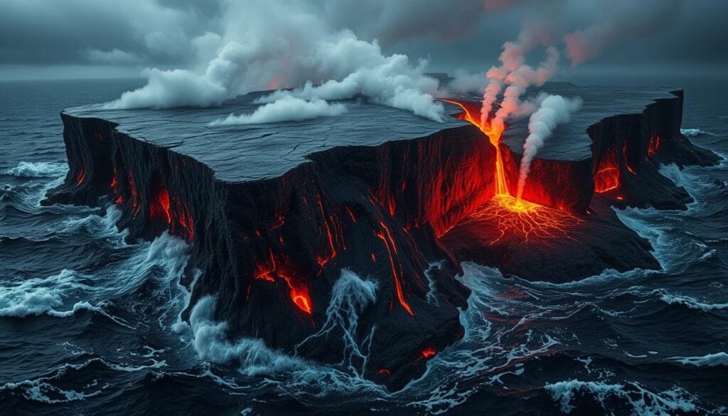 Plate tectonics subduction process, dramatic underwater volcanic landscape. Jagged cliffs and deep ocean trenches, molten lava flow and steam vents. Tectonic plates colliding, one diving beneath the other, sparking powerful earthquakes and explosive volcanic eruptions. Dim, moody lighting, dramatic angles capture the immense scale and raw power of this geologic phenomenon. Rugged, turbulent seascape, hints of the unseen depths and abyssal mysteries below the surface. Realistic, scientifically accurate depiction, no text overlays.